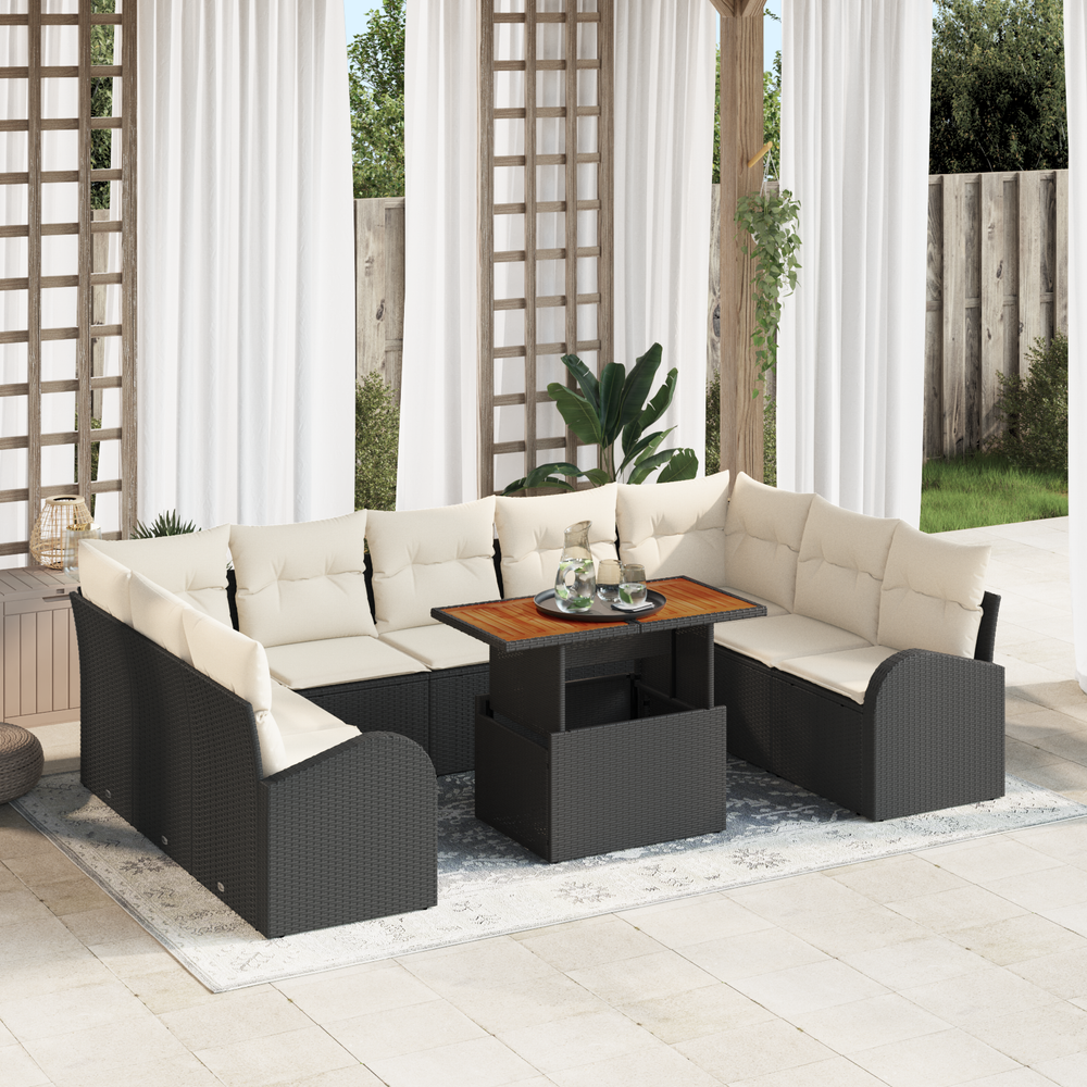 10-Piece Garden Dining Set with Cushions Black Poly Rattan Acacia