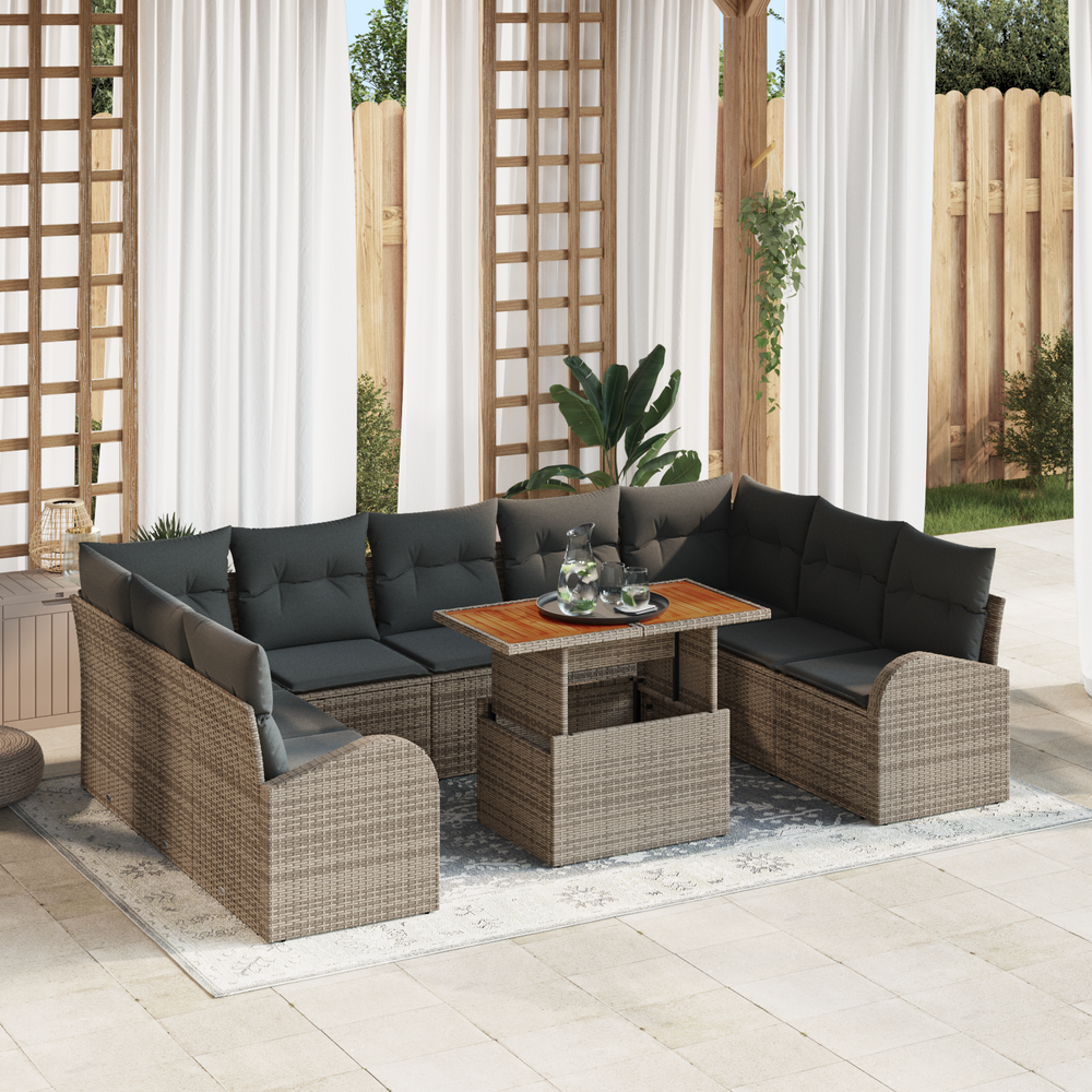 10-piece garden dining set with cushions grey poly rattan acacia