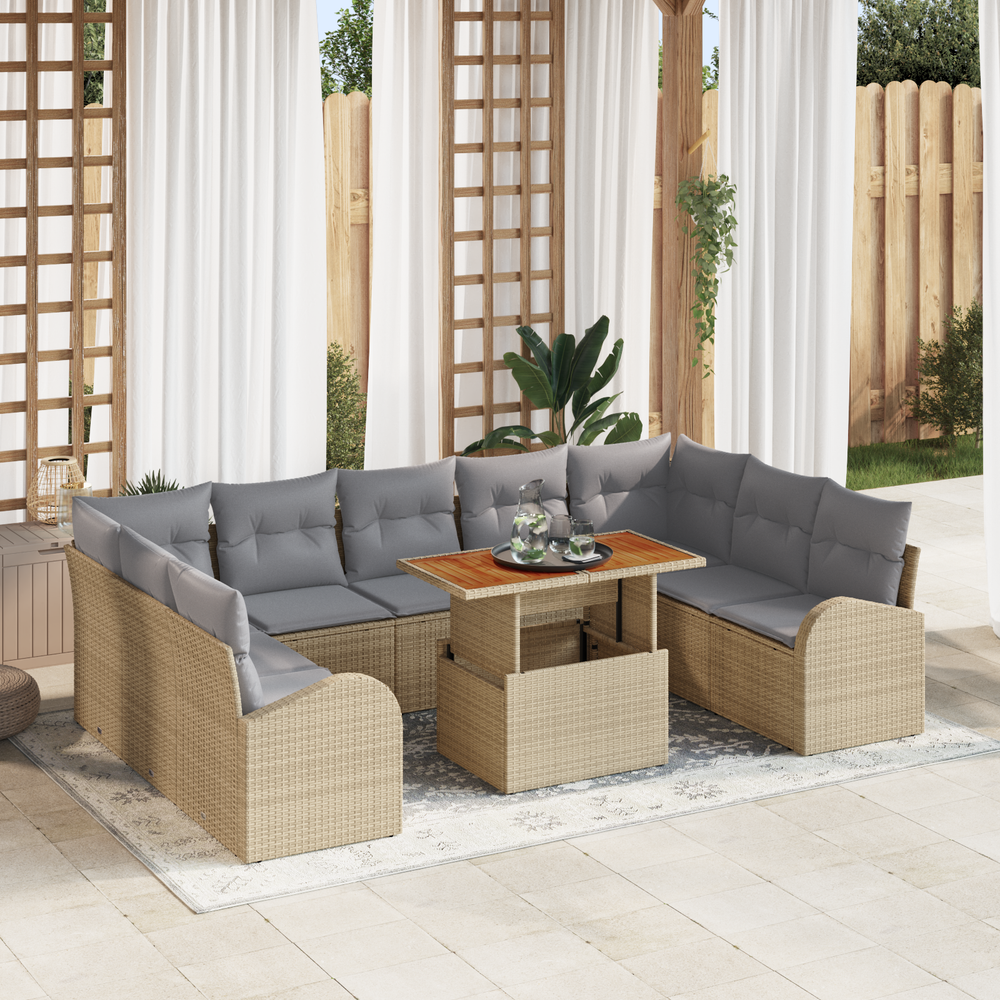 10-piece garden dining set with cushions sand poly rattan acacia