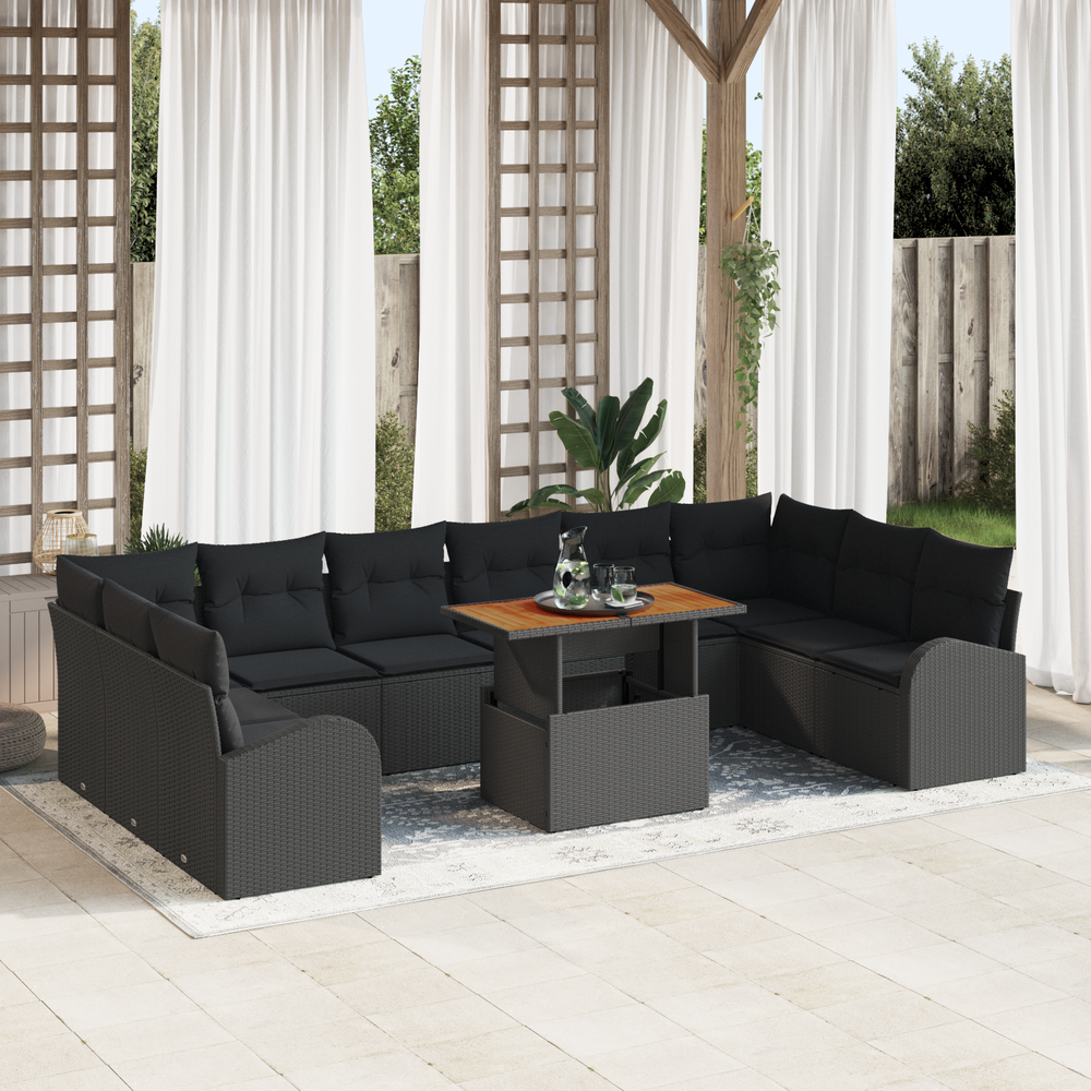 11-piece garden dining set with cushions in black poly rattan
