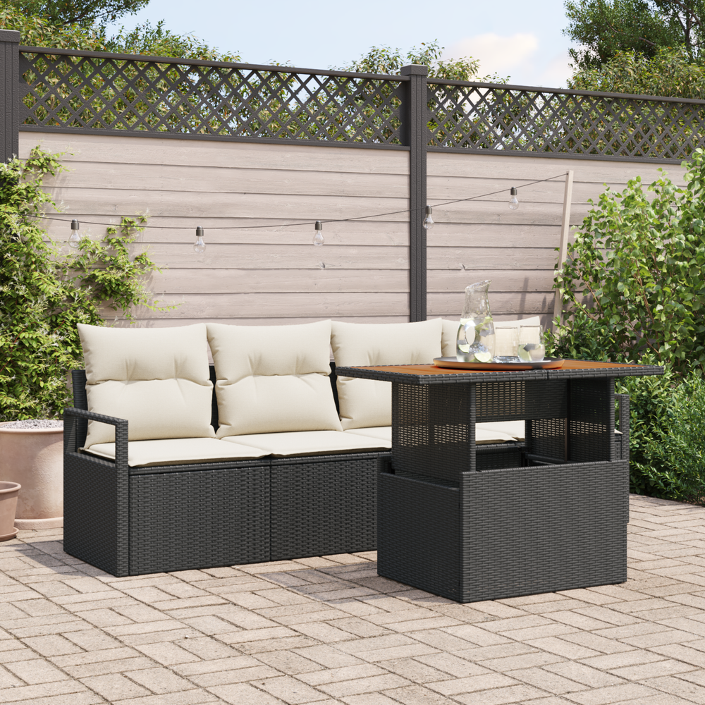 5 Piece Garden Sofa with Cushions Black Poly Rattan Acacia