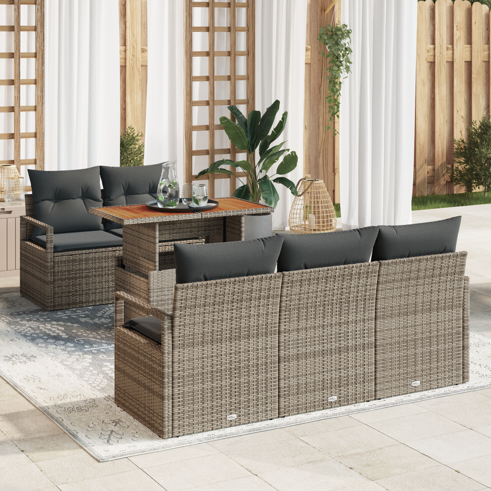 6-Piece Sofa Set with Cushions, Grey Poly Rattan, Acacia