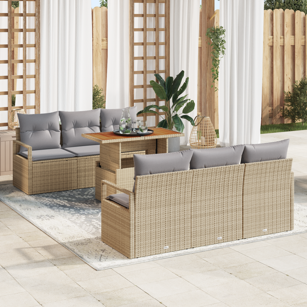 7-Piece Garden Sofa Set with Cushions, Sand Poly Rattan, Acacia