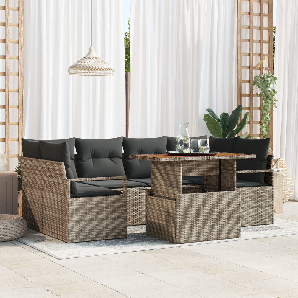 7-piece garden sofa set with cushions, grey, poly rattan, acacia wood