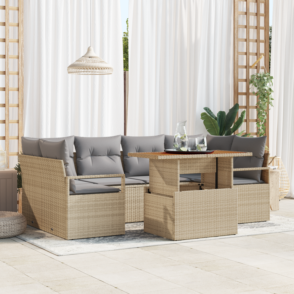 7-piece garden sofa set with beige cushions, made of poly rattan and acacia wood.