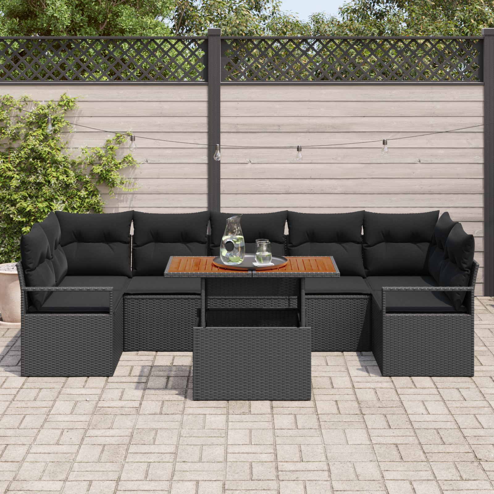 Lauko sofos rinkinys 8 pcs Juoda Didelis Ratanas ir audinys