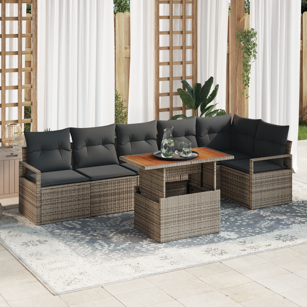 7 Piece Garden Sofa Set with Cushions in Grey Poly Rattan Acacia
