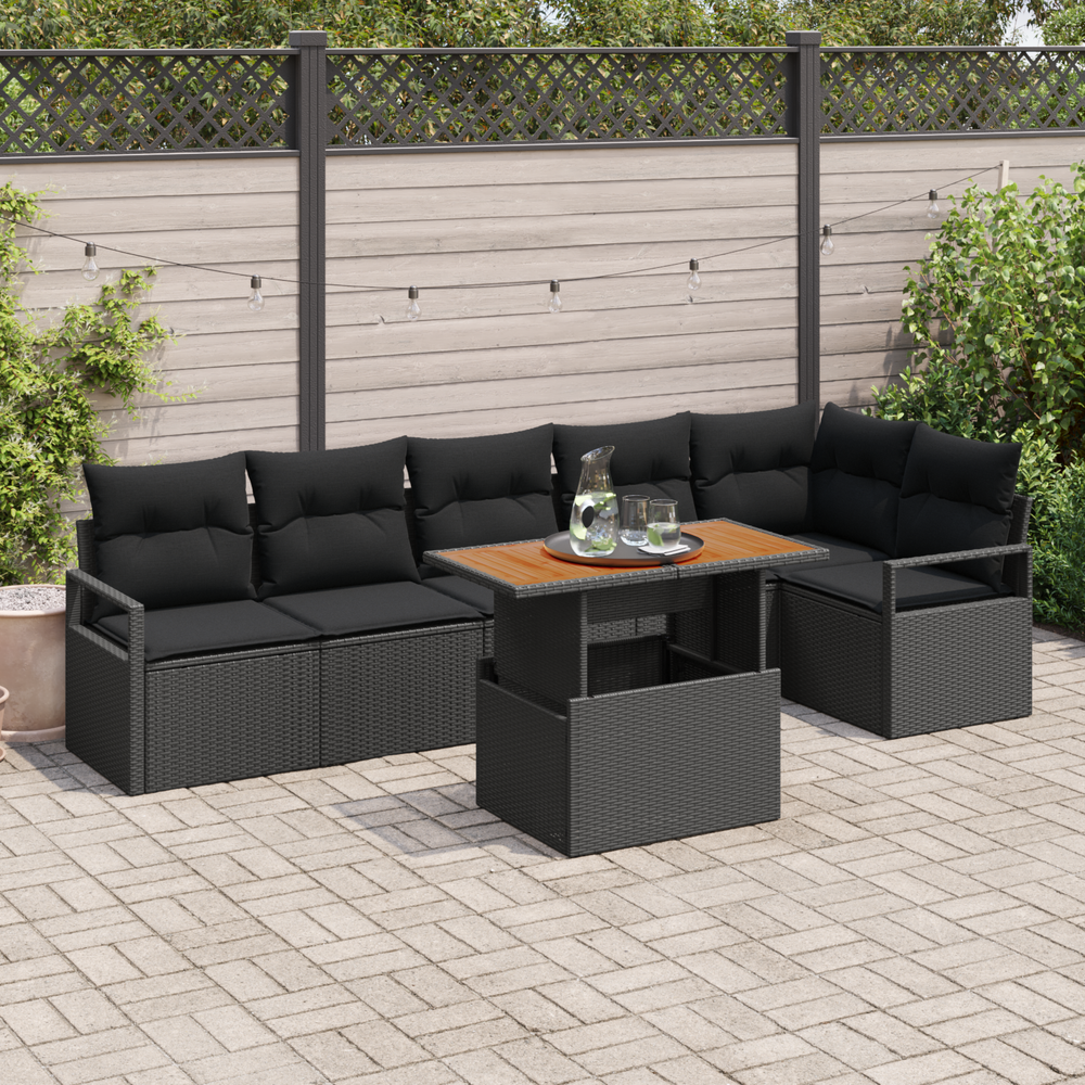 7-Piece Garden Sofa Set with Cushions Black Poly Rattan and Acacia