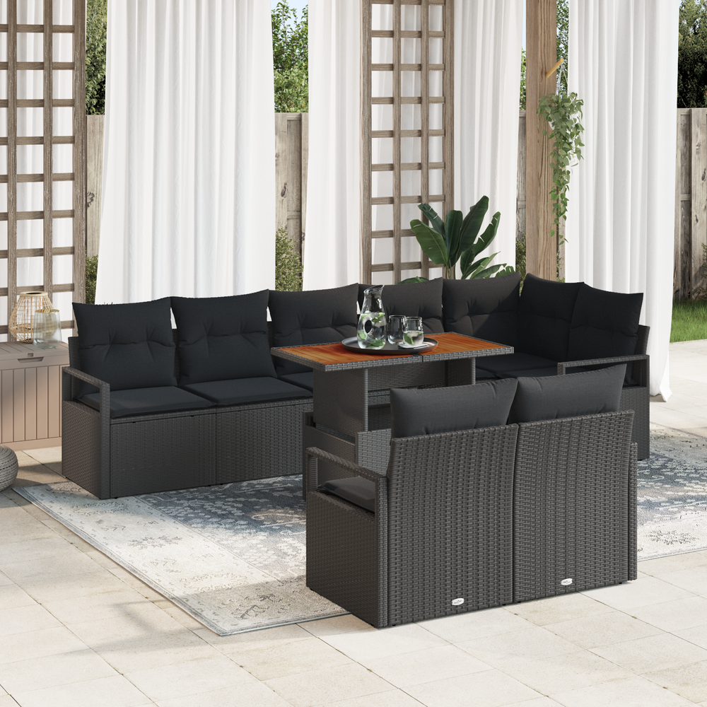 9-piece garden sofa set with cushions, black poly rattan, acacia.