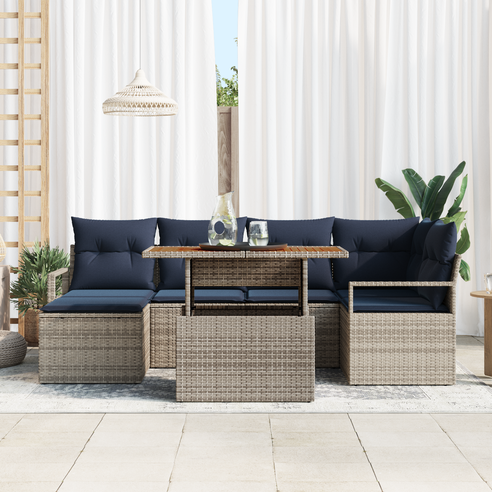 Sodo valgomojo komplektas 7 pcs Pilka ir tamsiai mėlyna