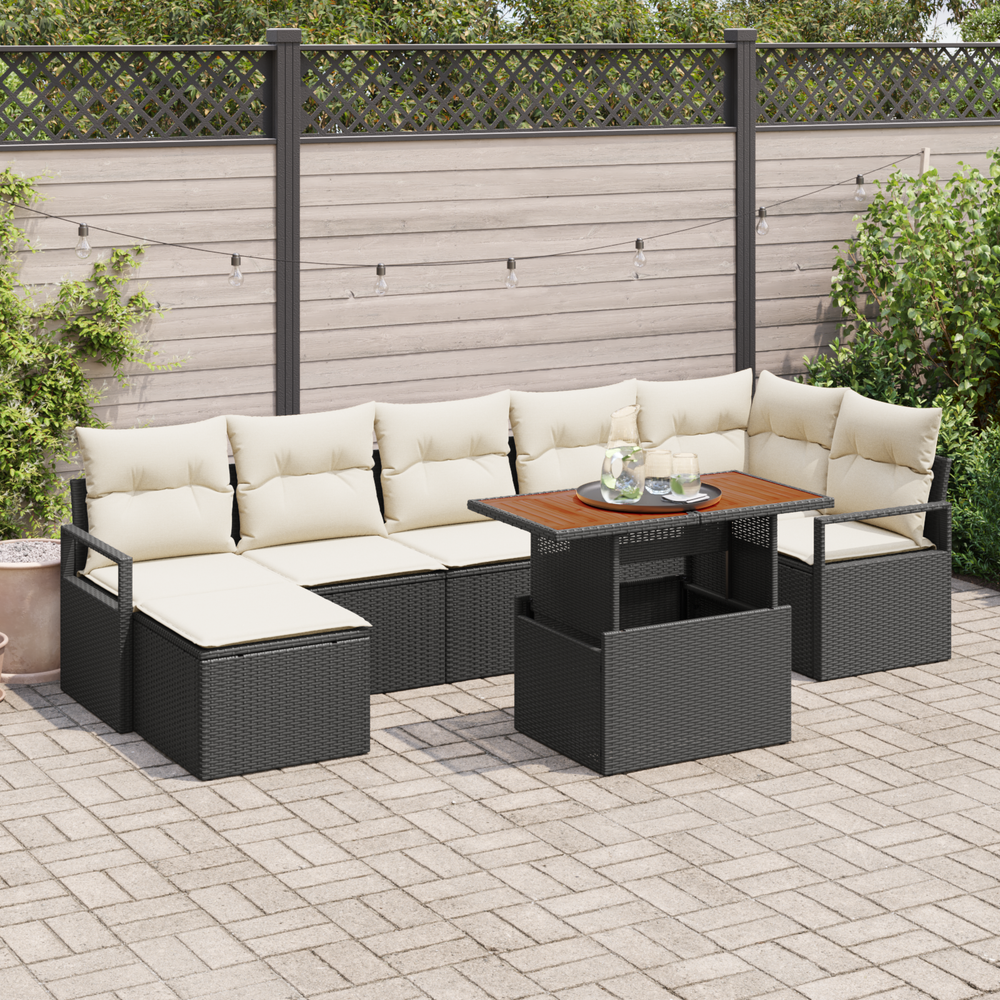 8-piece outdoor sofa set with cushions, black poly rattan acacia