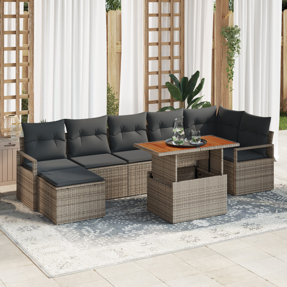 8-piece Garden Sofa Set with Grey Cushions Poly Rattan and Acacia