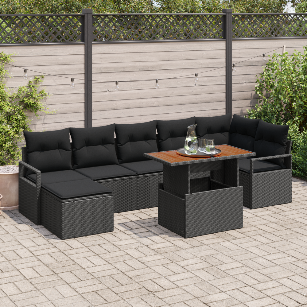 8-piece garden lounge set with cushions, black, poly rattan, acacia.