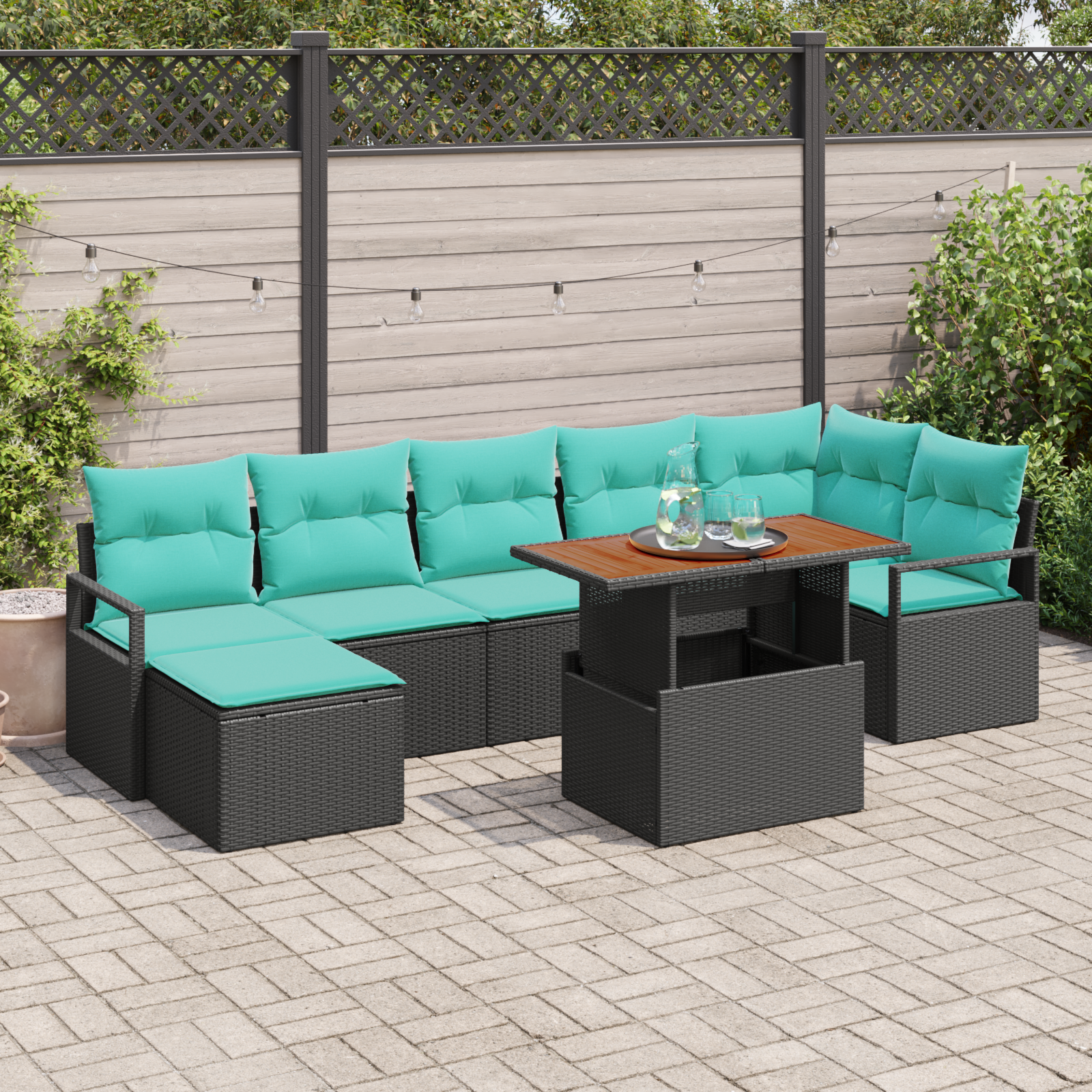 Sodo valgomojo komplektas 8 pcs Juoda ir žalsvai mėlyna