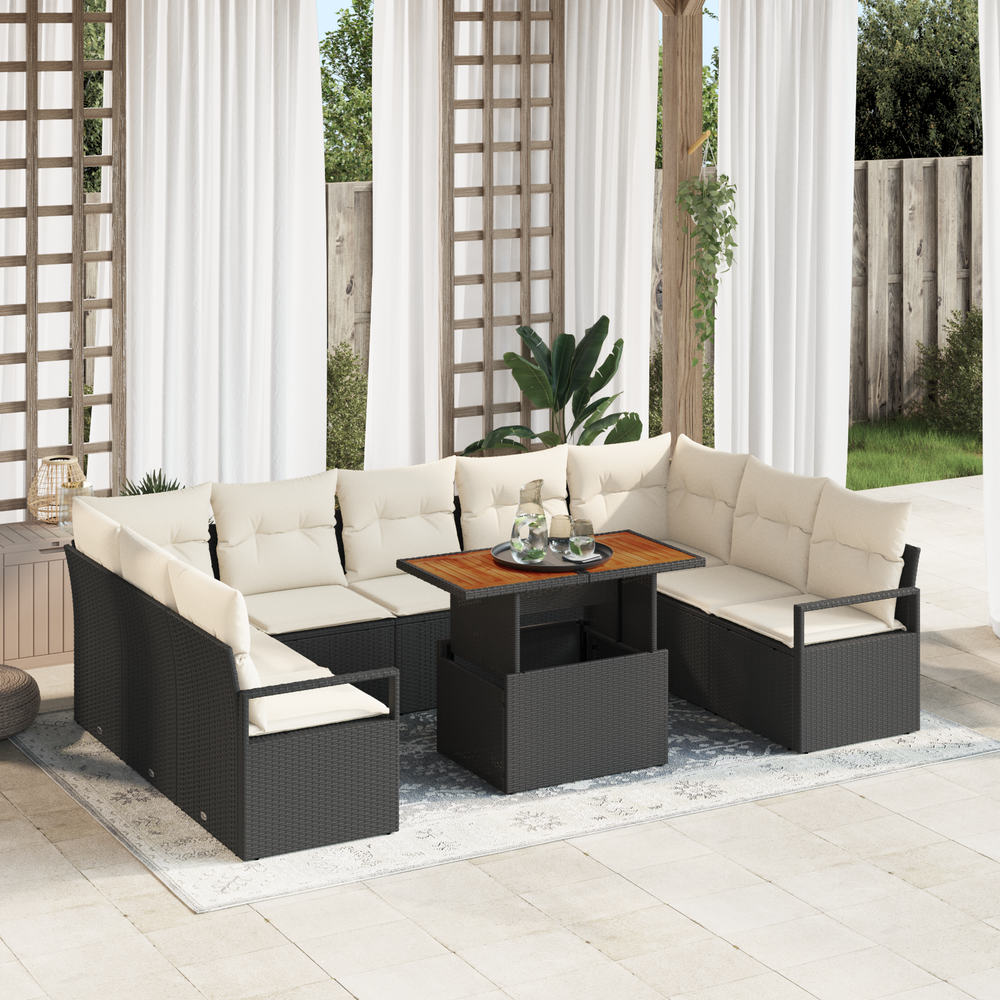 10-piece garden sofa set with cushions black polished acacia wood