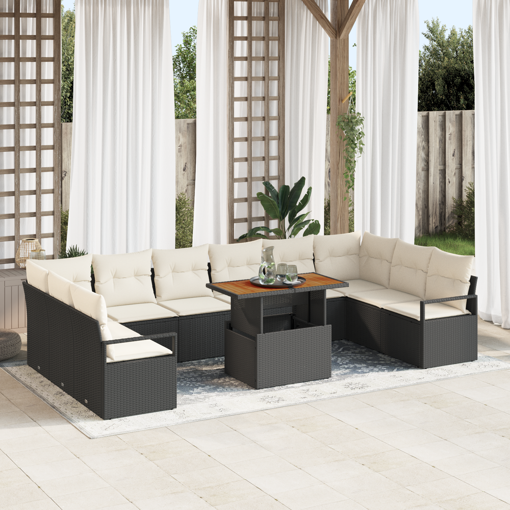 11-Piece Garden Sofa Set with Cushions Black Poly Rattan Acacia