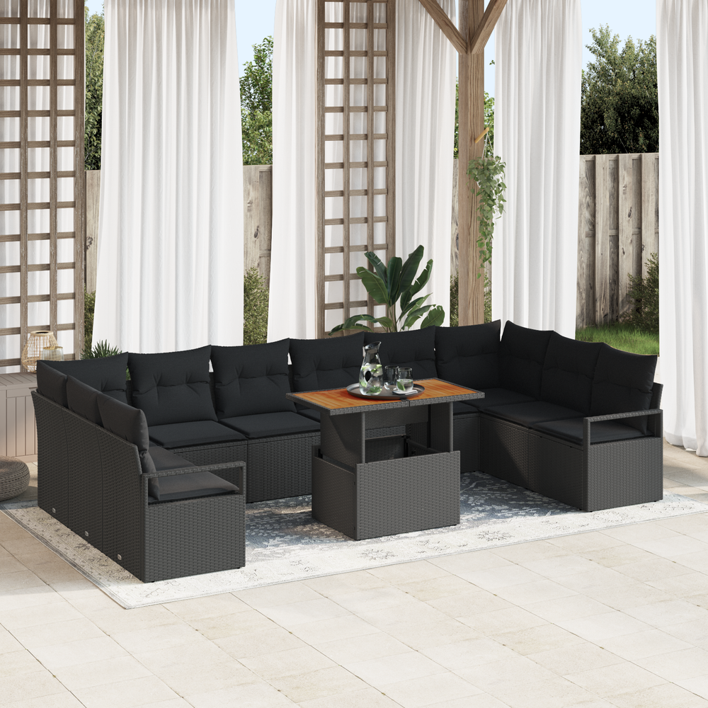 11-Piece Garden Sofa Set with Cushions Black Poly Rattan