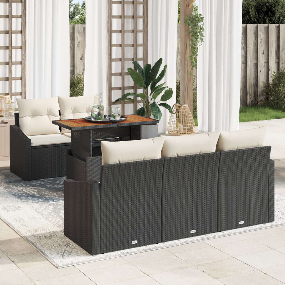 6 Piece Garden Dining Set with Black Poly Rattan Cushions
