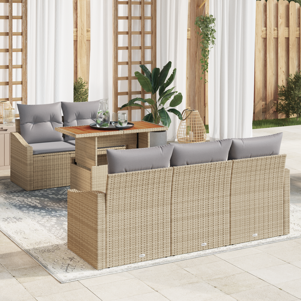 6-piece garden dining set with cushions, sand-colored poly rattan, acacia