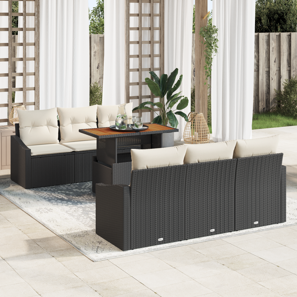 7-piece garden dining set with cushions, black poly rattan and acacia