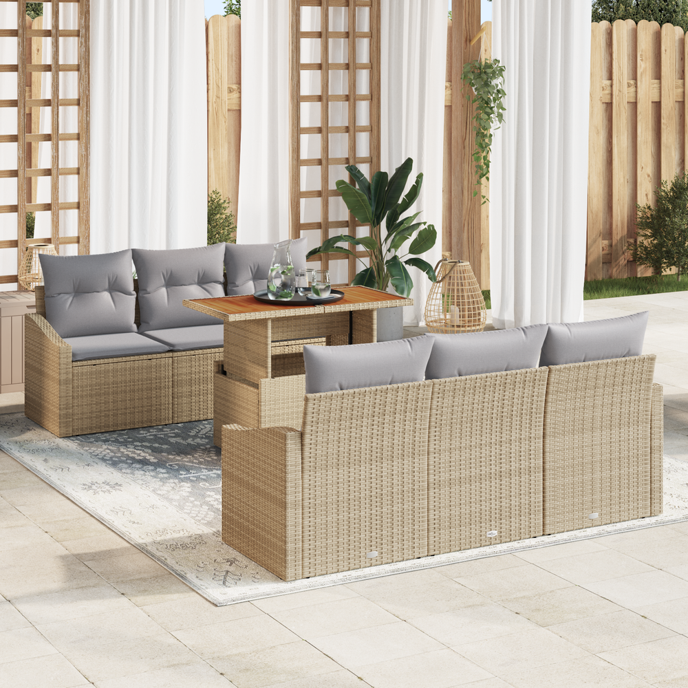 7-piece garden dining set with cushions, sand, poly rattan, acacia wood