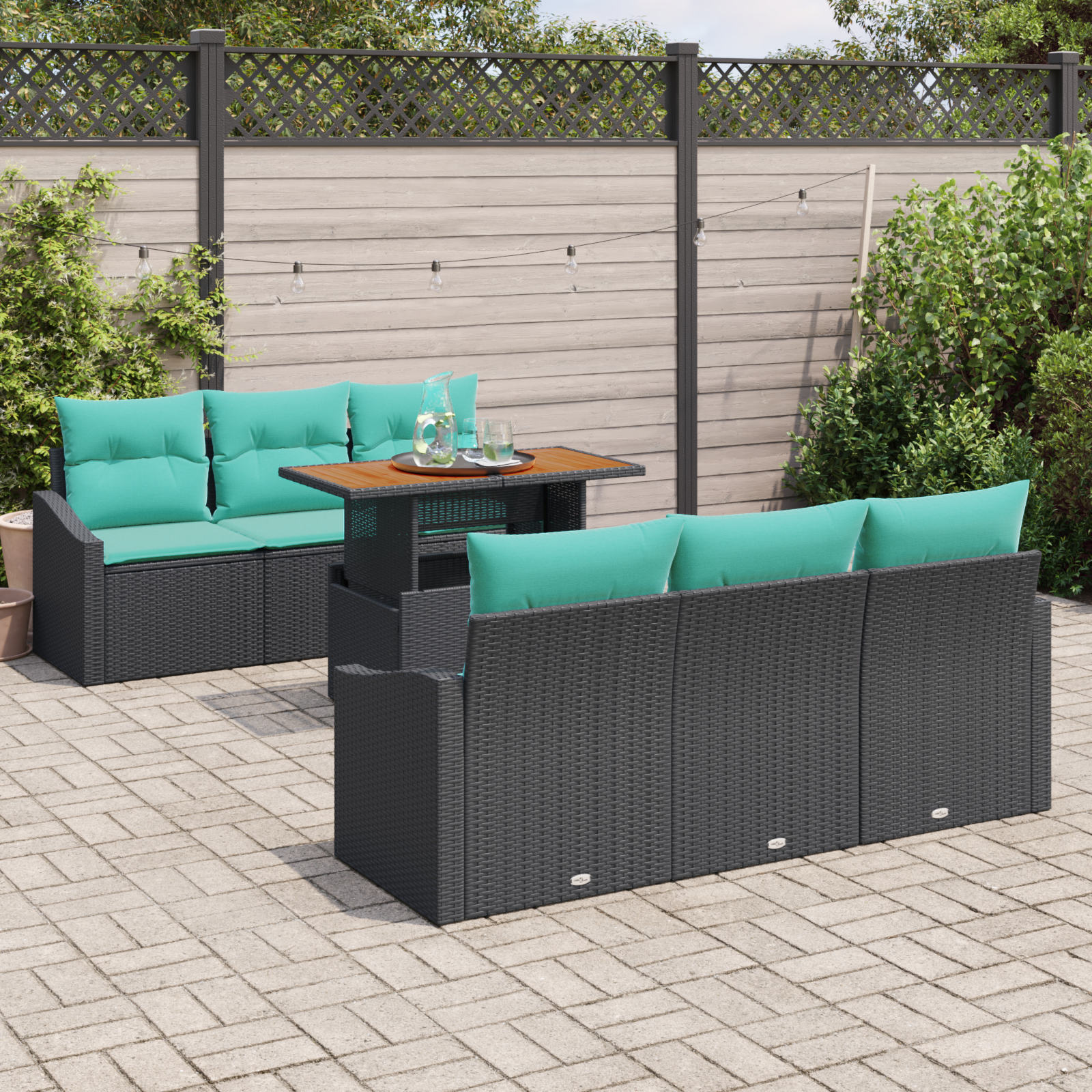 Sodo valgomojo komplektas 7 pcs Juoda ir žalsvai mėlyna