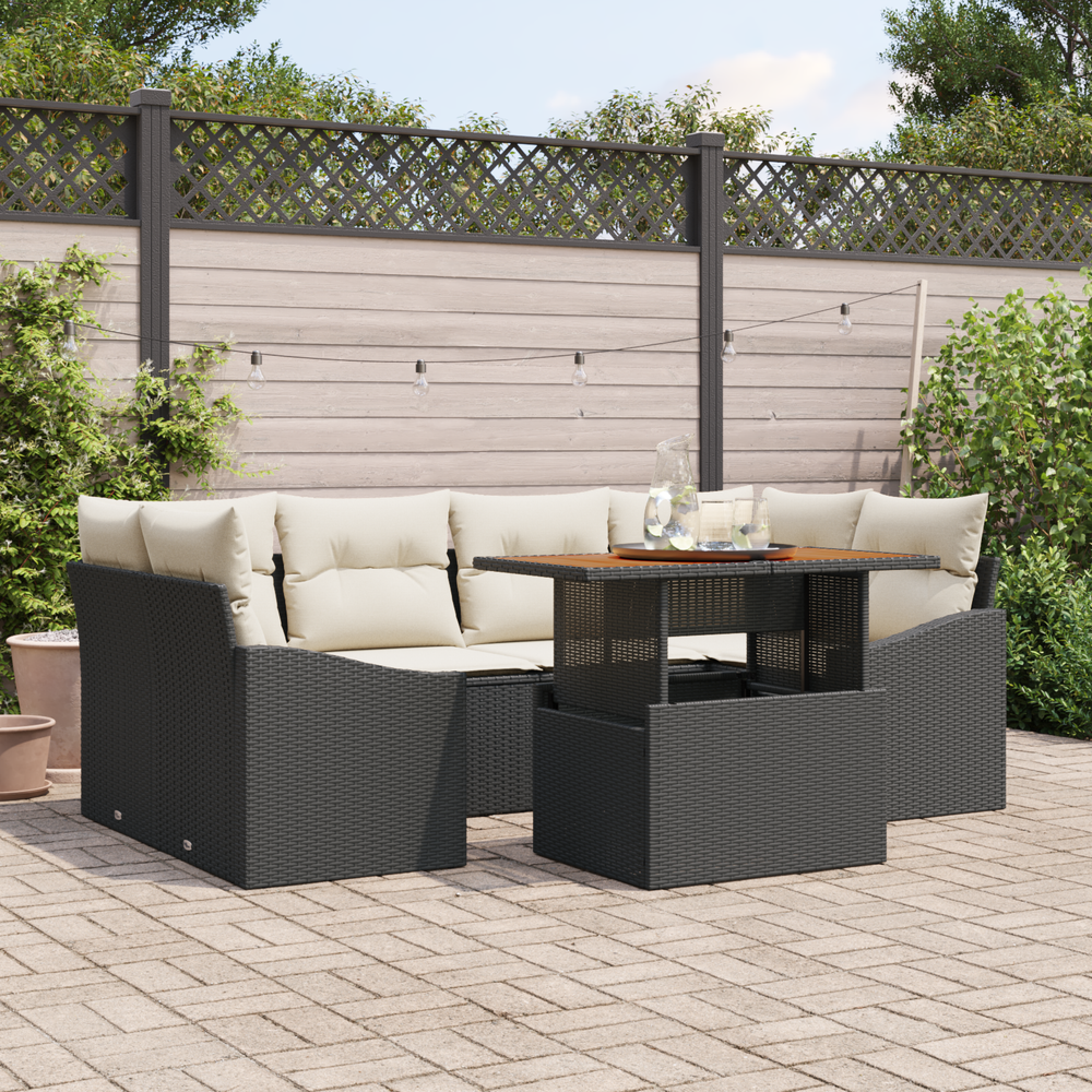 7-piece garden dining set with cushions, black poly rattan, acacia