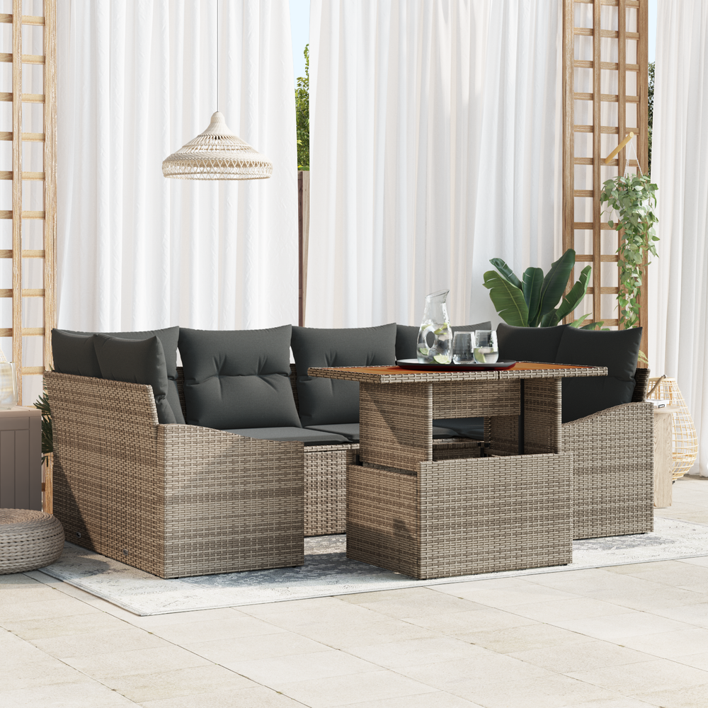 7-piece Garden Dining Set with Cushions, Grey Poly Rattan, Acacia