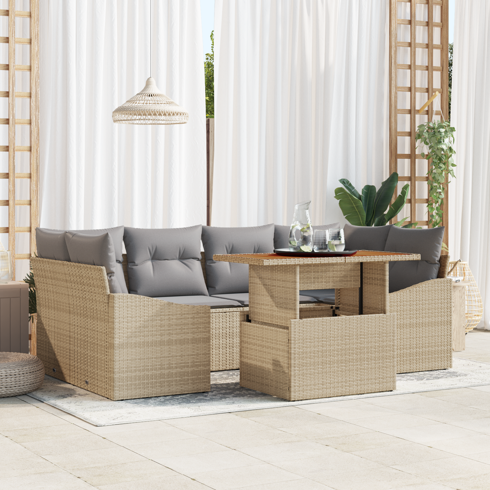 7-piece garden dining set with sand-colored cushions, made of poly rattan and acacia wood