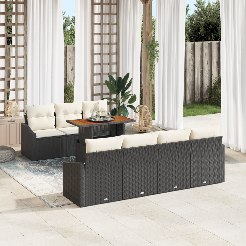 8-piece Garden Dining Set with Cushions Black Poly Rattan Acacia