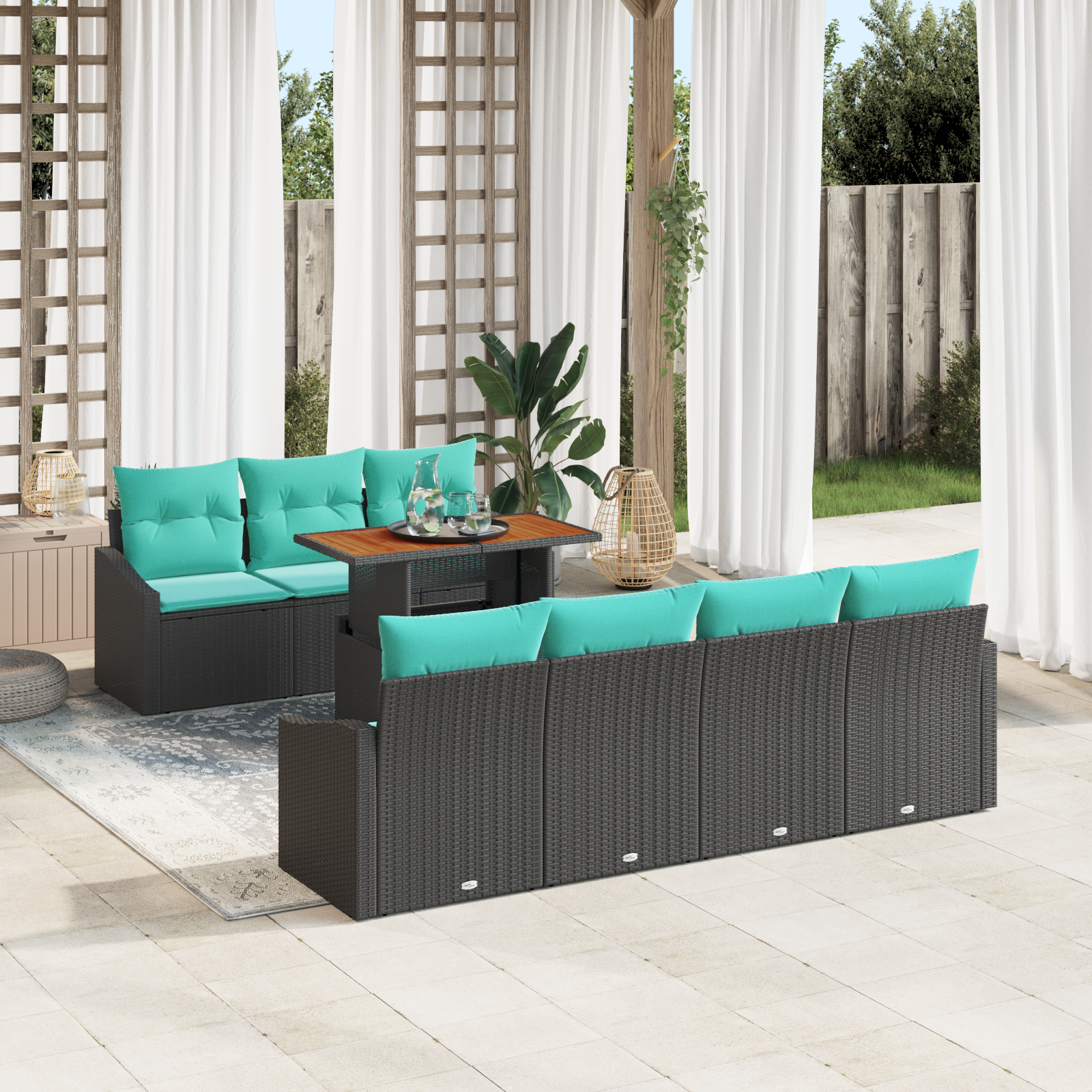 Sodo valgomojo komplektas 8 pcs Juoda ir žalsvai mėlyna