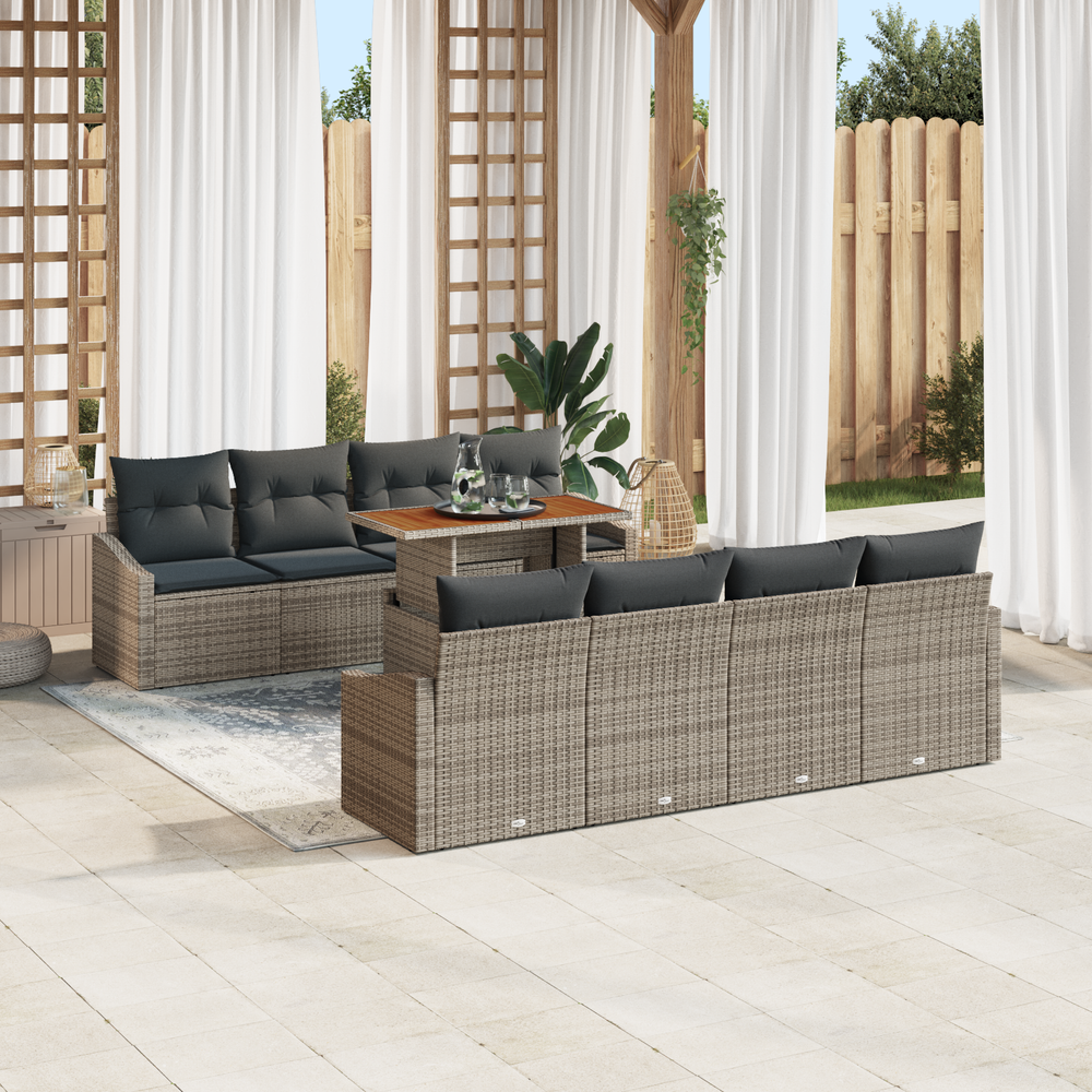 9-piece garden dining set with grey cushions, poly rattan and acacia