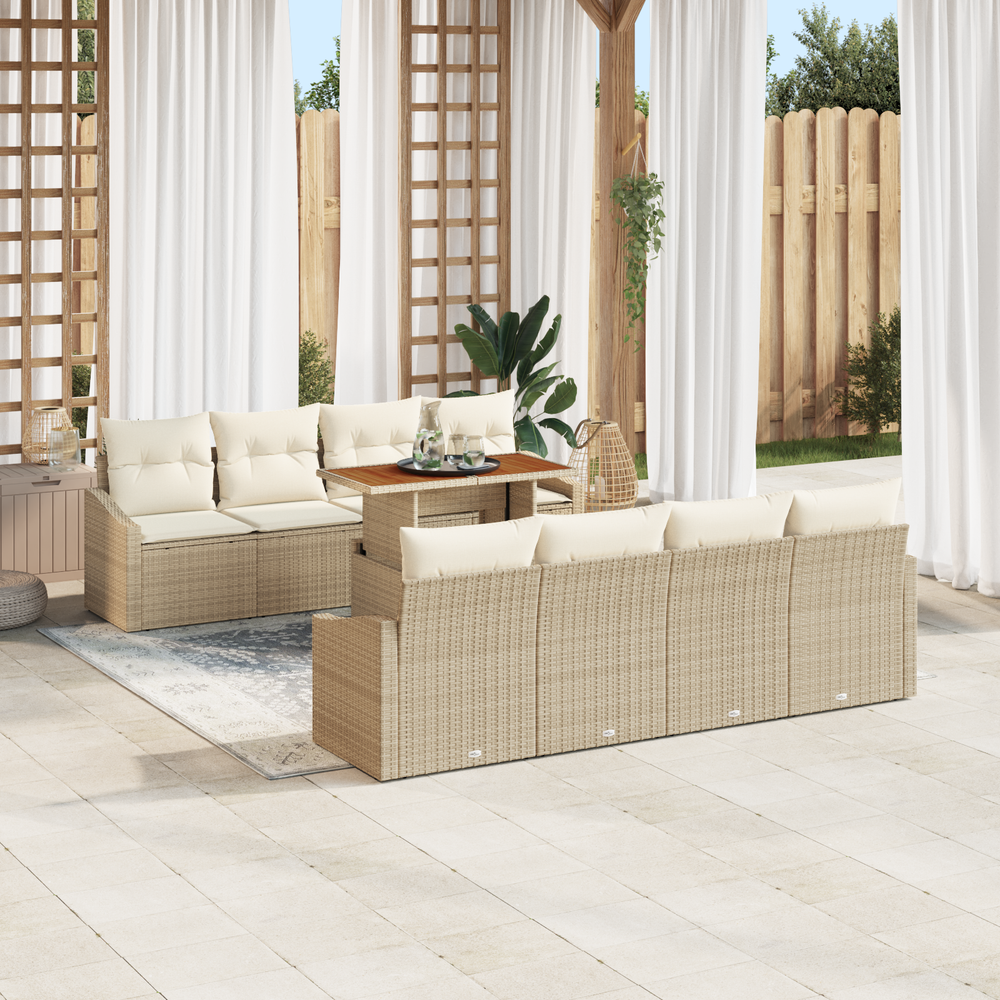 9-piece garden dining set with cushions, sand, poly rattan acacia