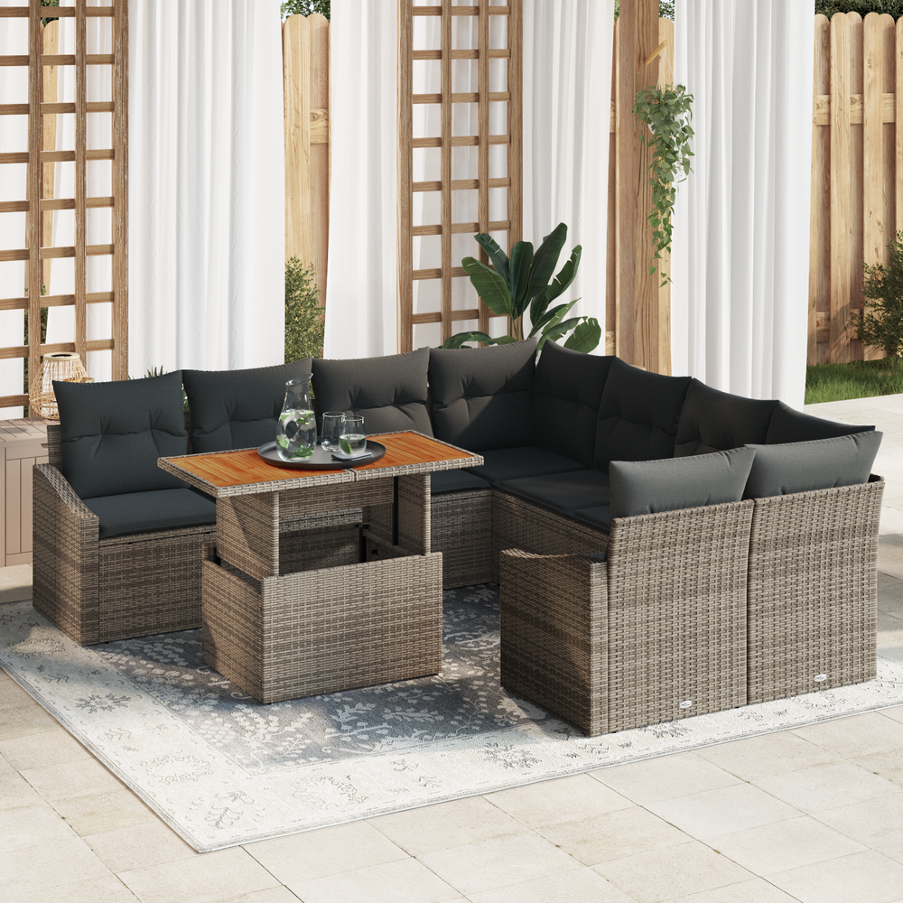 9-Piece Garden Dining Set with Cushions, Grey Rattan and Acacia