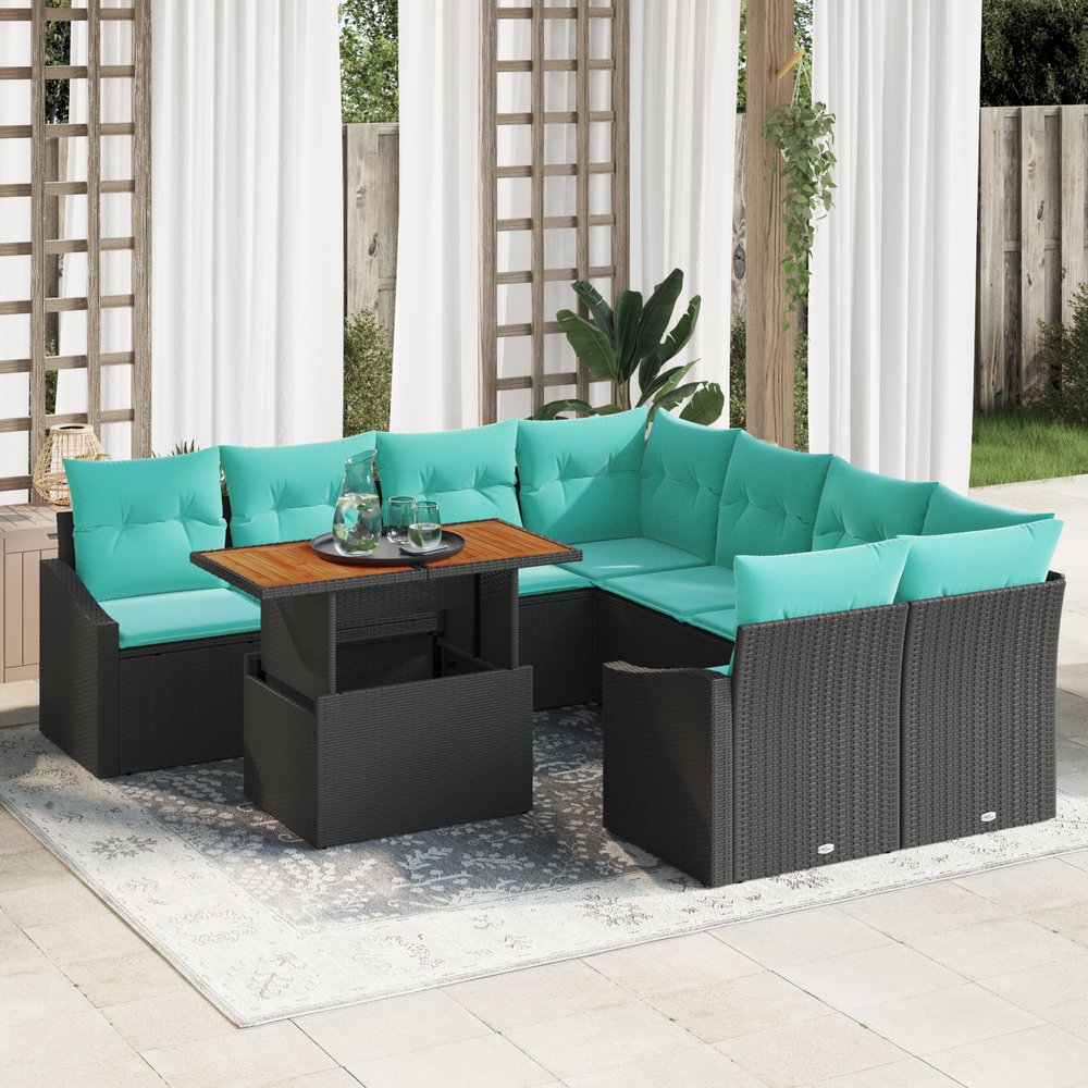 Sodo valgomojo komplektas 9 pcs Juoda ir žalsvai mėlyna