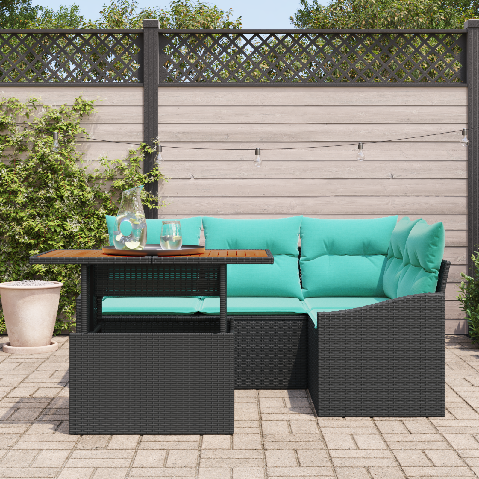 Sodo valgomojo komplektas 5 pcs Juoda ir žalsvai mėlyna