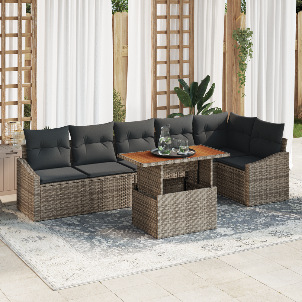 7-Piece Outdoor Dining Set with Cushions, Grey Poly Rattan, Acacia
