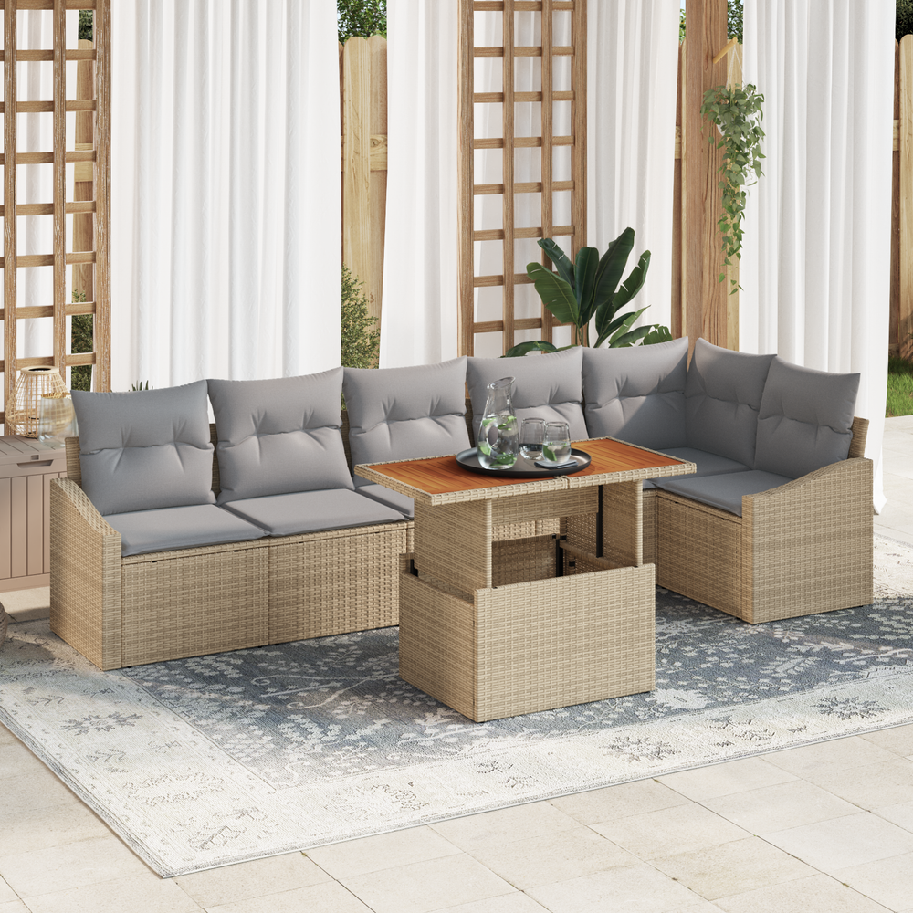 7-piece garden dining set with cushions in sand-colored poly rattan
