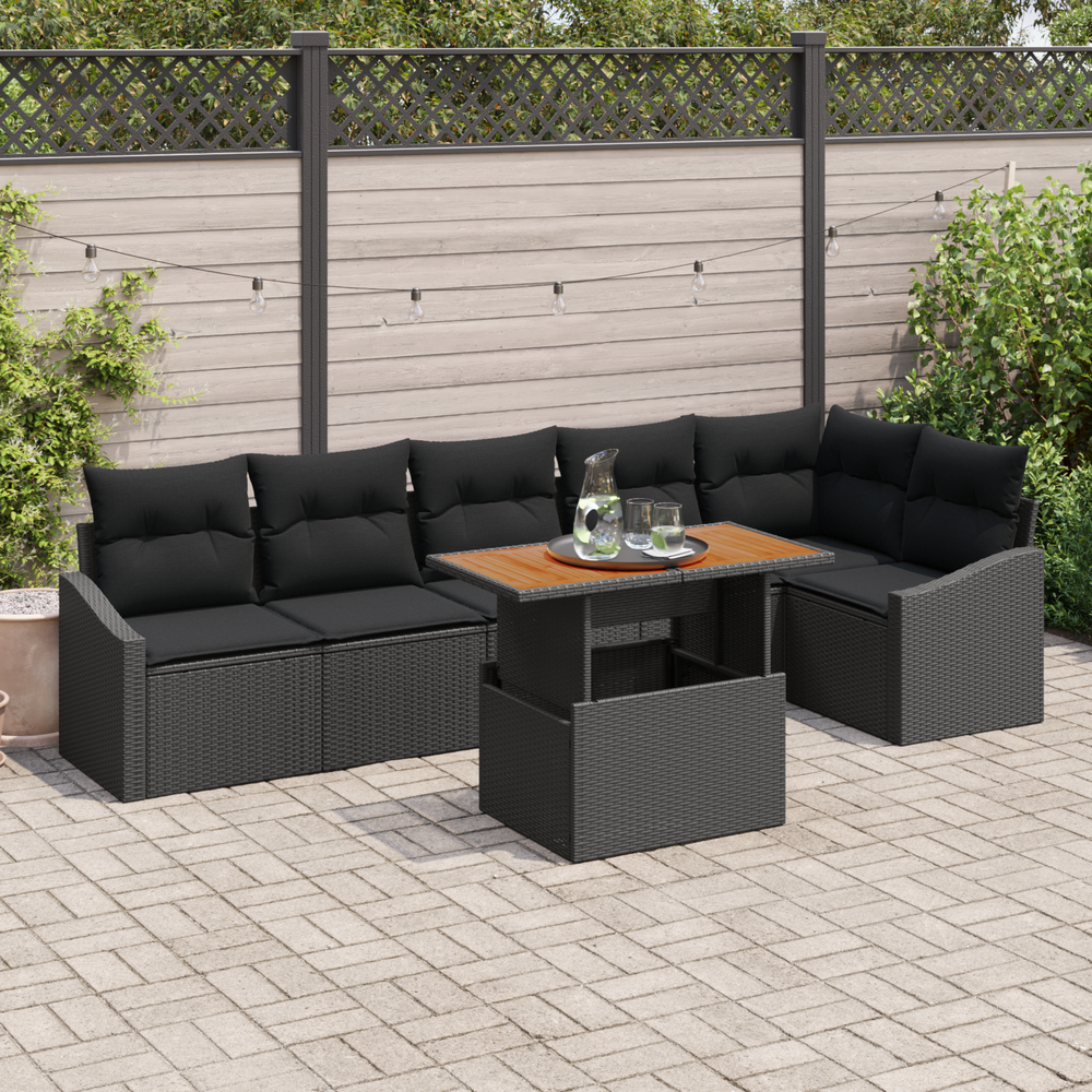 7-piece garden dining set with cushions, black poly rattan and acacia wood