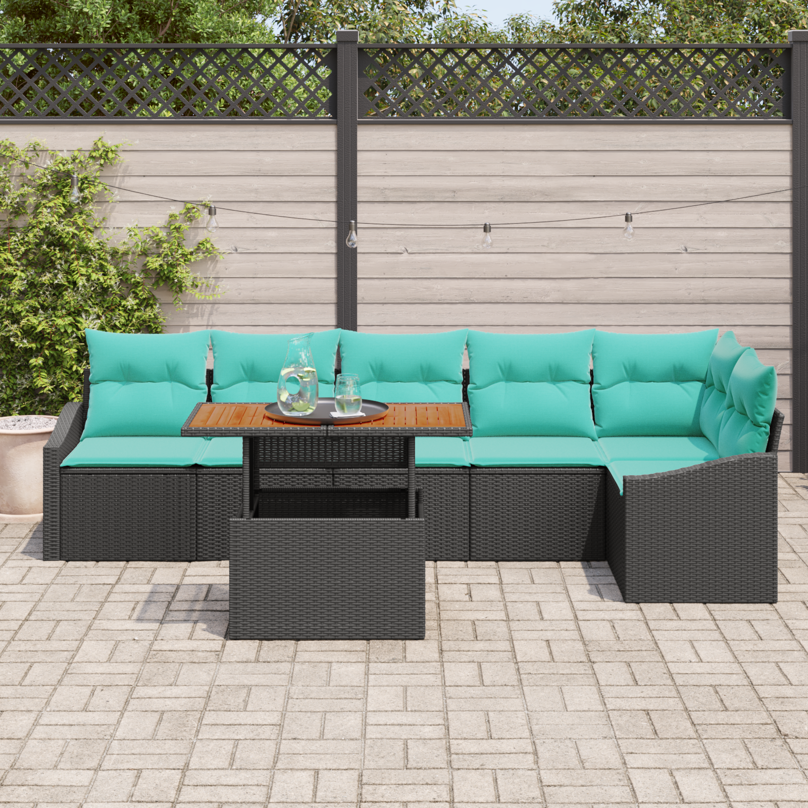 Sodo valgomojo komplektas 7 pcs Juoda ir žalsvai mėlyna