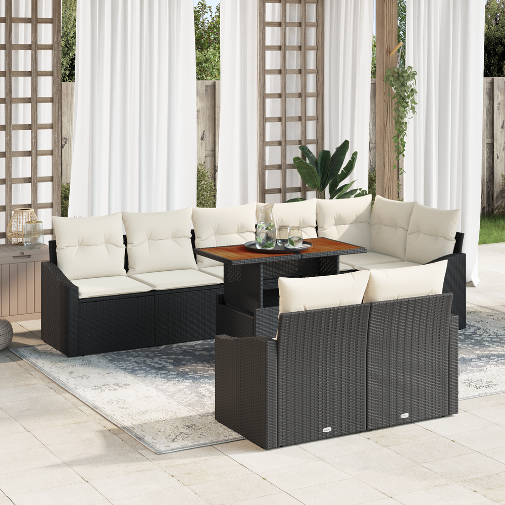 9-piece Garden Dining Set with Cushions Black Poly Rattan Acacia