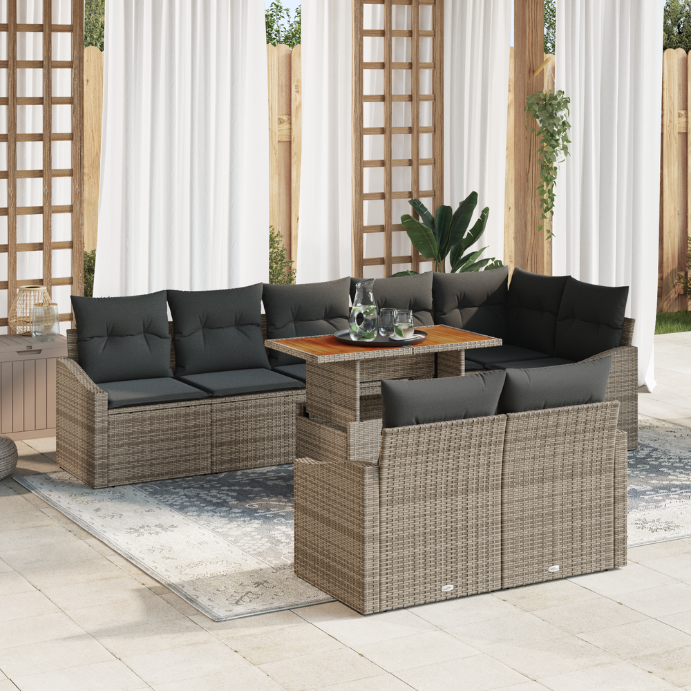 9-piece Garden Dining Set with Cushions, Grey Poly Rattan, Acacia Wood