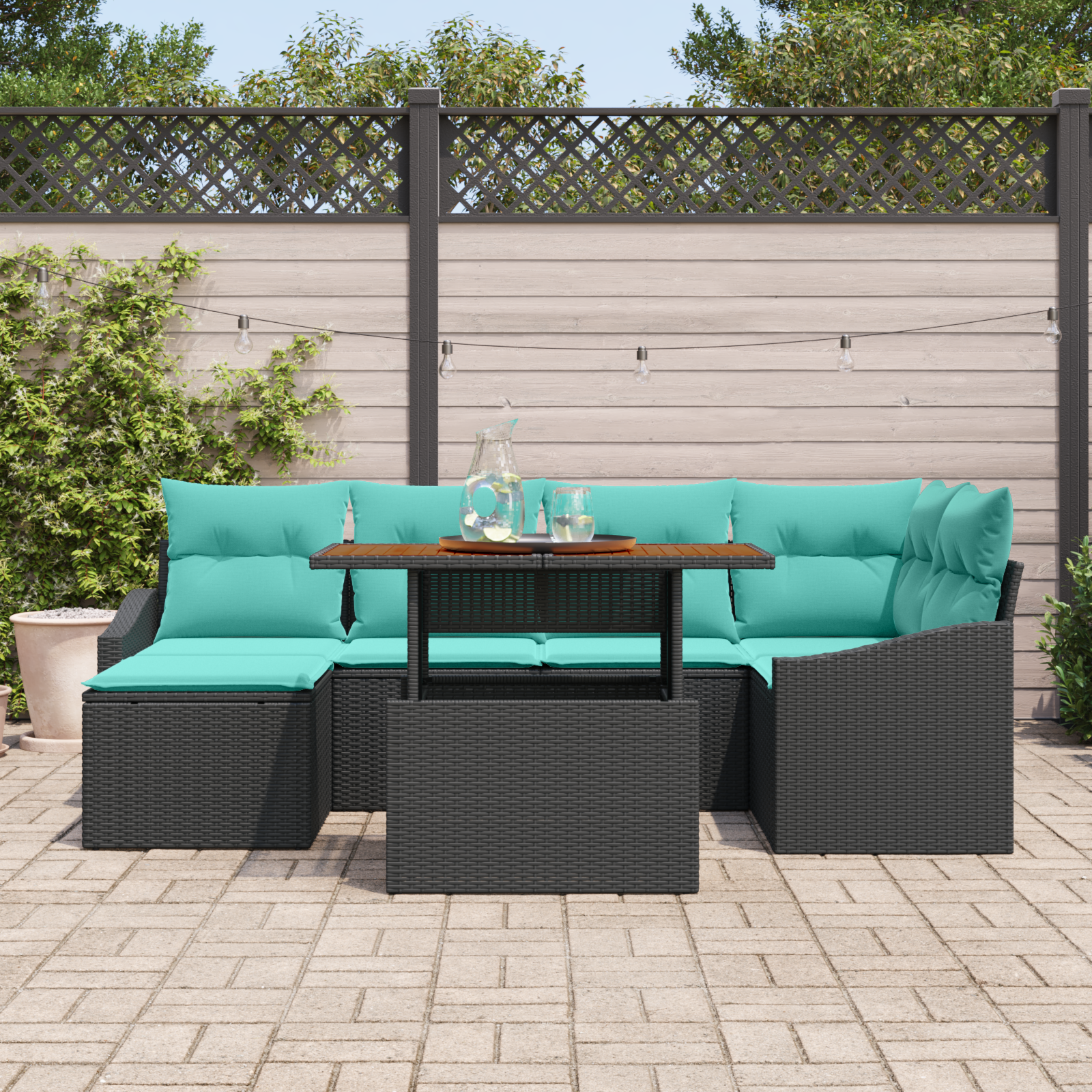 Sodo valgomojo komplektas 7 pcs Juoda ir žalsvai mėlyna