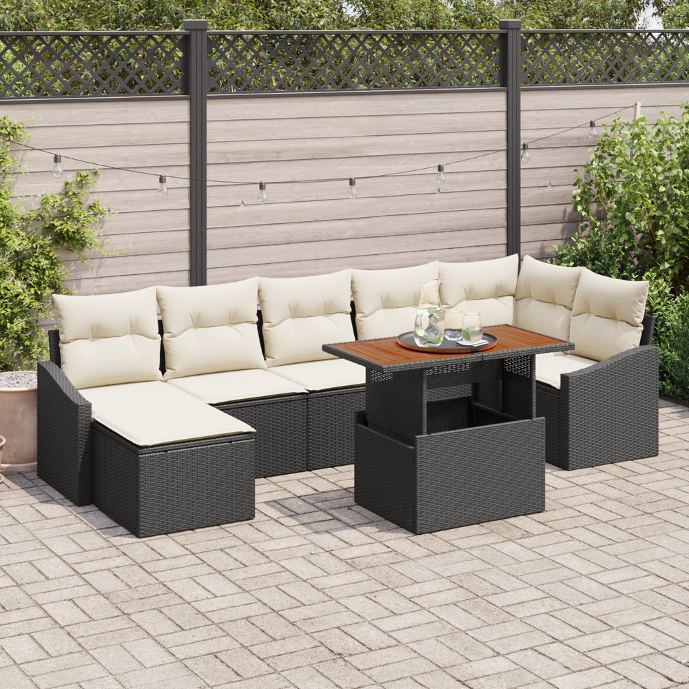 8-piece garden dining set with cushions, black poly rattan and acacia wood