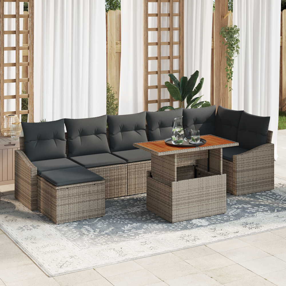 8-piece garden dining set with cushions, grey, poly rattan, acacia
