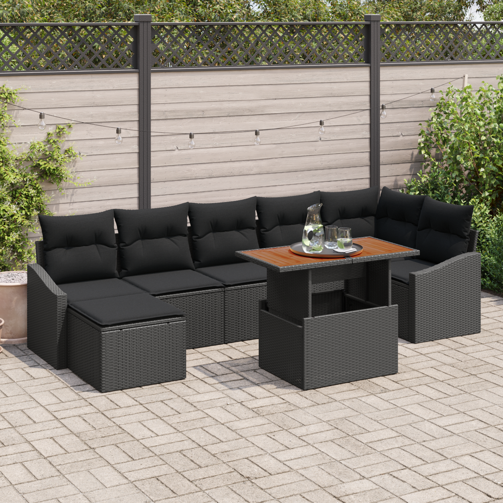 8-piece garden dining set with cushions black and brown