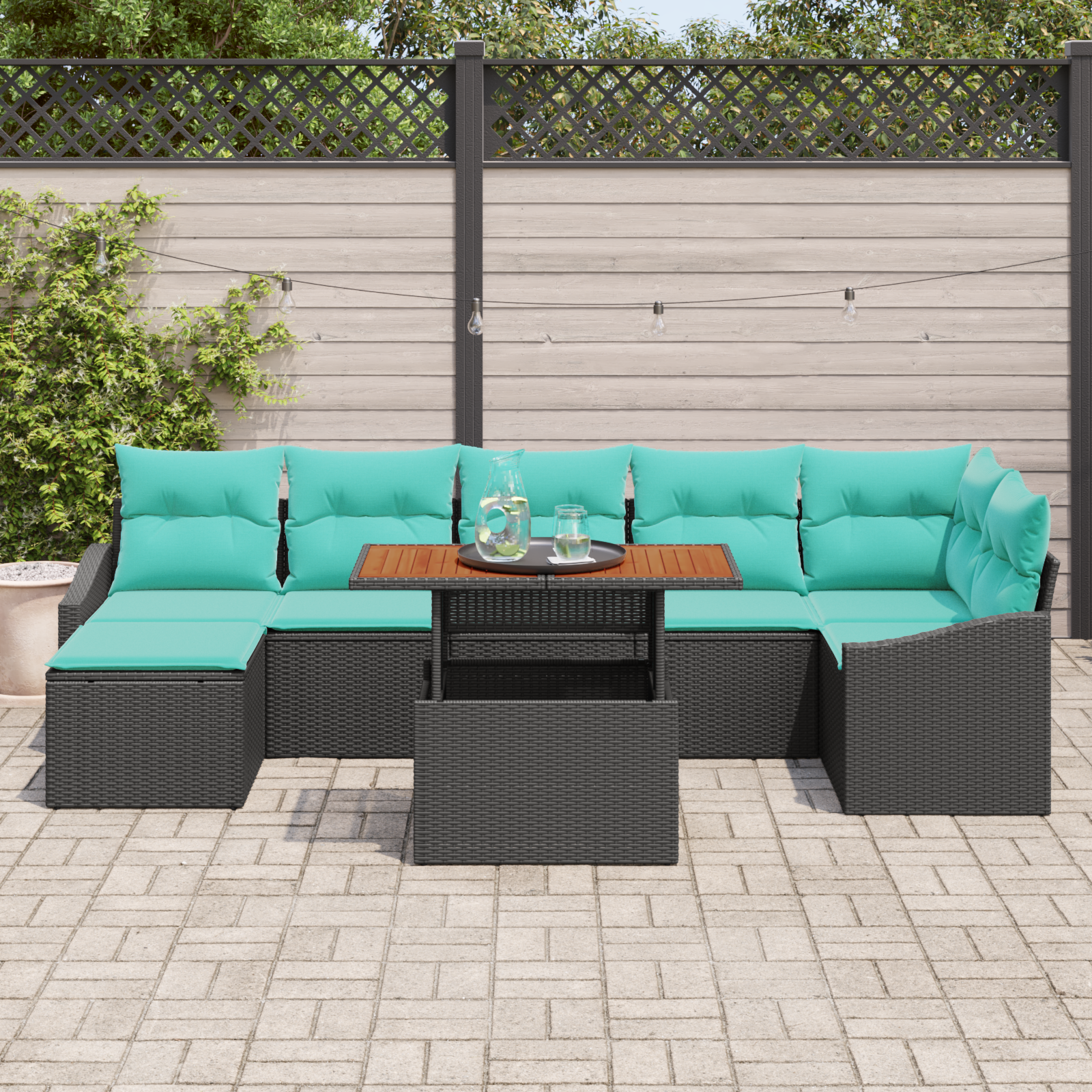 Sodo Sofų Rinkinys su pagalve 8 pcs Juoda ir žalsvai mėlyna