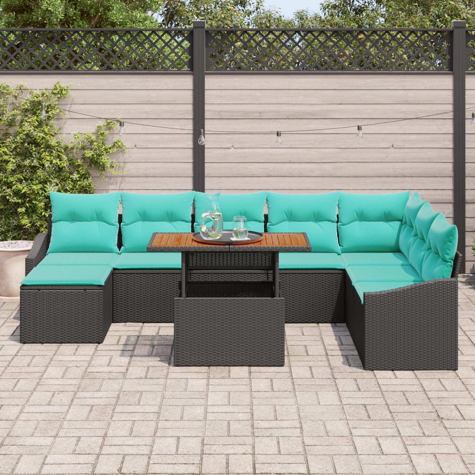 Sodo valgomojo komplektas 9 pcs Juoda ir žalsvai mėlyna