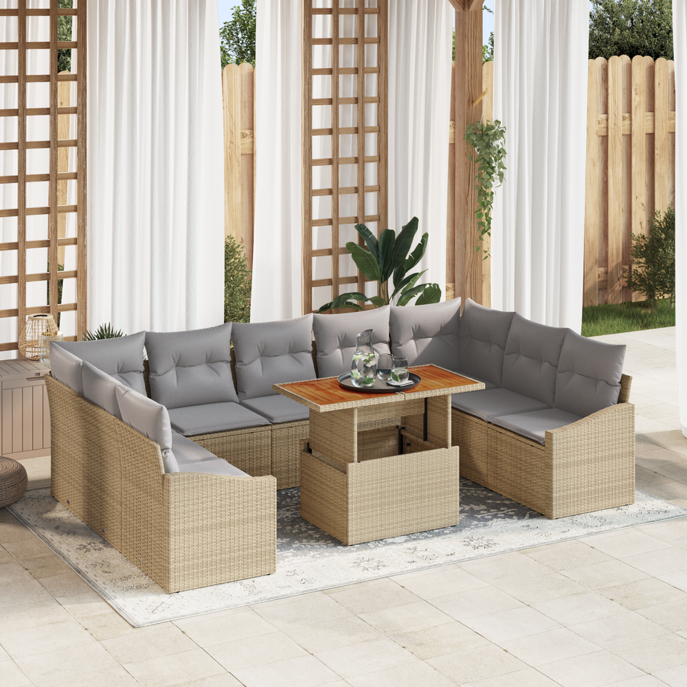 10-piece Garden Dining Set with Cushions, Light Brown Poly Rattan, Acacia Wood
