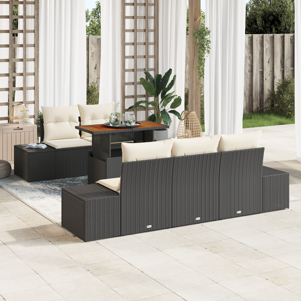 6-piece Garden Dining Set with Cushions Black Poly Rattan Acacia Wood